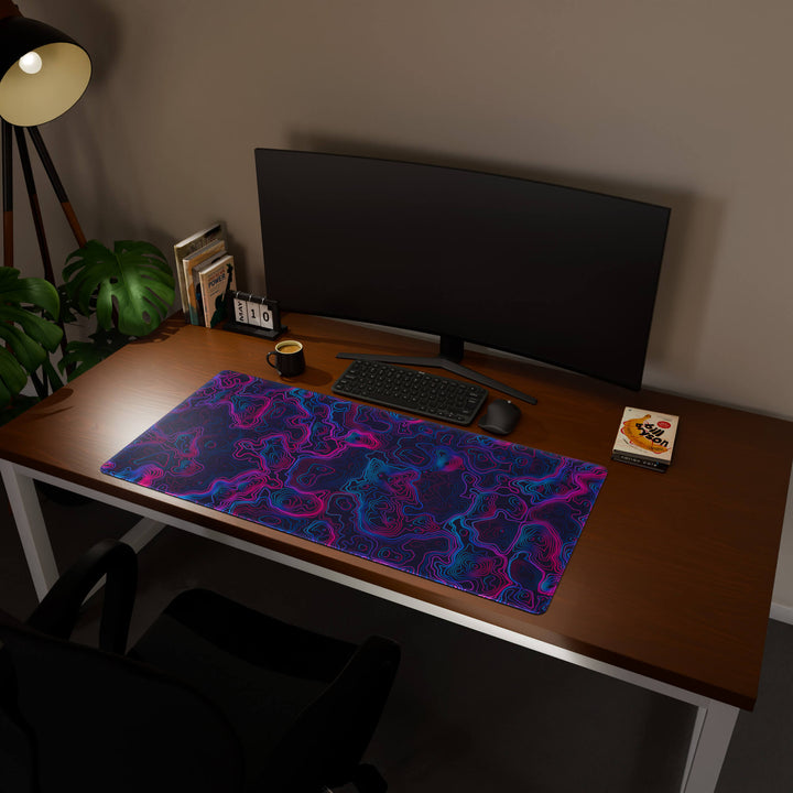 Full desktop view featuring a generously sized 120x57CM-47x22.4in large mouse pad / desk mat with 'Vaporwave Topographic' design, inspired by vibrant vaporwave and neon topographic art. Its ample dimensions cater to both demanding gaming and professional tasks, ensuring consistent performance and a neat workspace.