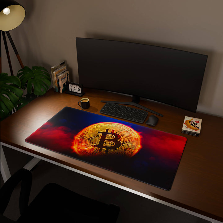 Full desktop view featuring an extra-large 120x60CM-47x23.6in large mouse pad / desk mat with 'Bitcoin' design, inspired by crypto and blockchain technology. This maximum coverage mat transforms your entire desk surface into a unified, high-performance area, perfect for demanding users and full-desk setups.