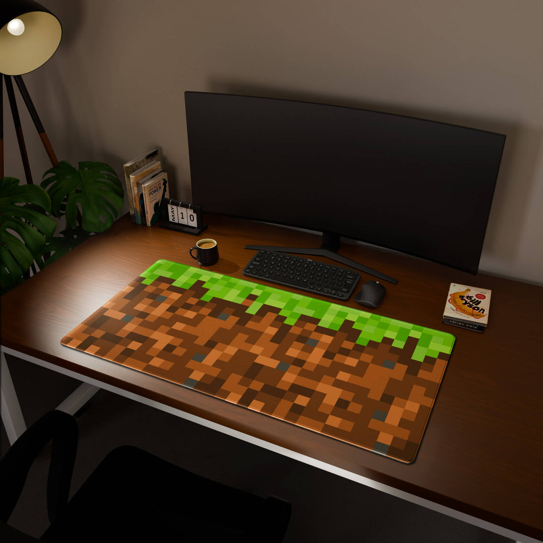 Full desktop view featuring an extra-large 120x60CM-47x23.6in large mouse pad / desk mat with 'Blocks' design. This maximum coverage mat transforms your entire desk surface into a unified, high-performance area, perfect for demanding users and full-desk setups.