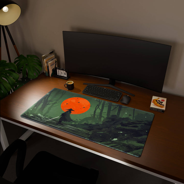 Full desktop view featuring an extra-large 120x60CM-47x23.6in large mouse pad / desk mat with 'Blood Moon Samurai' design, inspired by dark fantasy samurai art. This maximum coverage mat transforms your entire desk surface into a unified, high-performance area, perfect for demanding users and full-desk setups.
