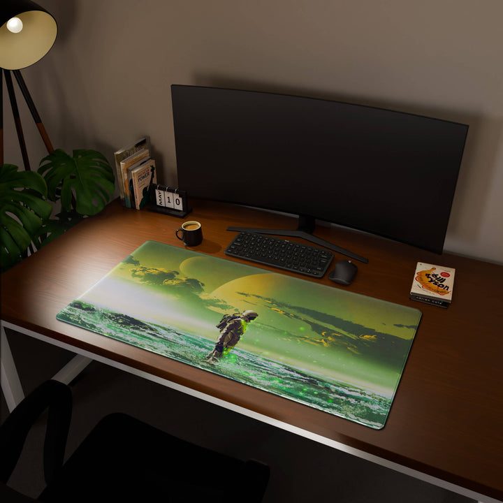 Full desktop view featuring an extra-large 120x60CM-47x23.6in large mouse pad / desk mat with 'Cosmic Explorer' design, inspired by cyberpunk and sci-fi space art. This maximum coverage mat transforms your entire desk surface into a unified, high-performance area, perfect for demanding users and full-desk setups.