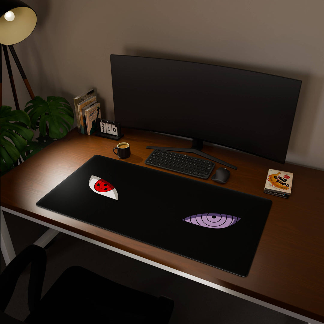 Full desktop view featuring an extra-large 120x60CM-47x23.6in large mouse pad / desk mat with 'Dōjutsu' design, inspired by minimalist anime ninja eyes. This maximum coverage mat transforms your entire desk surface into a unified, high-performance area, perfect for demanding users and full-desk setups.