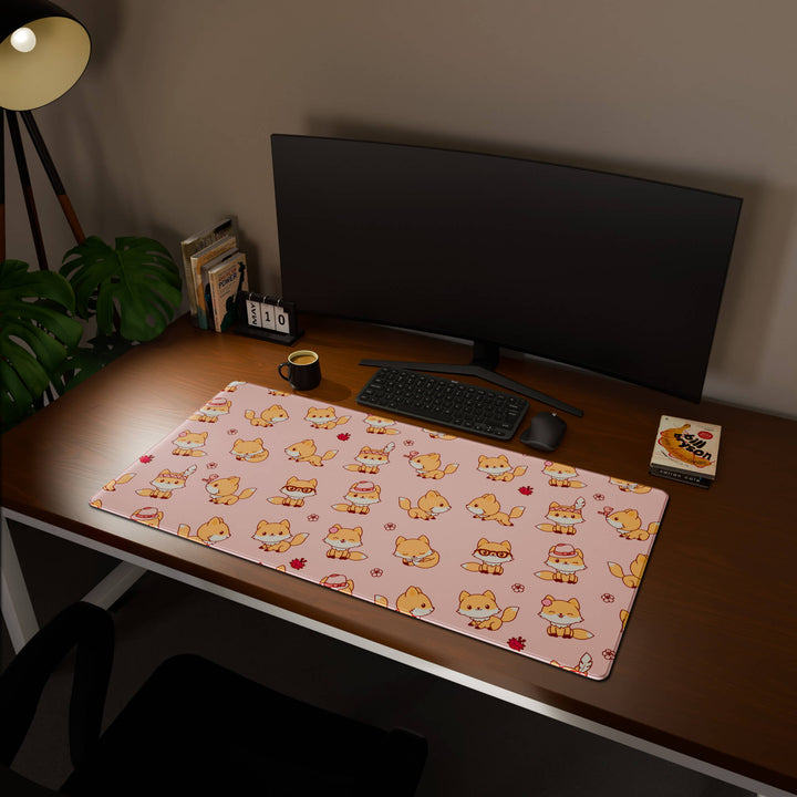 Full desktop view featuring an extra-large 120x60CM-47x23.6in large mouse pad / desk mat with 'Kawaii Fox' design, inspired by cute kawaii pink animal art. This maximum coverage mat transforms your entire desk surface into a unified, high-performance area, perfect for demanding users and full-desk setups.