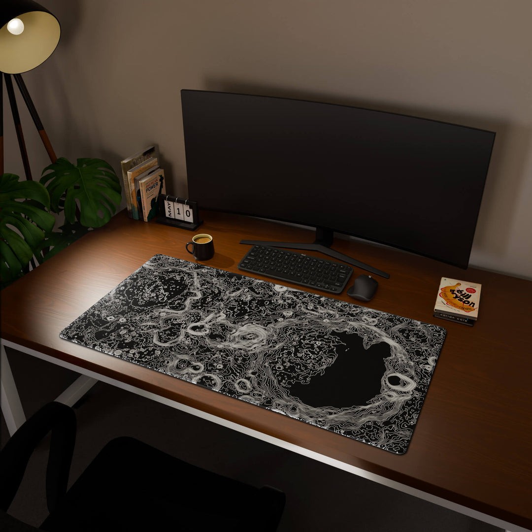 Full desktop view featuring an extra-large 120x60CM-47x23.6in large mouse pad / desk mat with 'Lunar Topographic' design, inspired by minimalist lunar surface art. This maximum coverage mat transforms your entire desk surface into a unified, high-performance area, perfect for demanding users and full-desk setups.