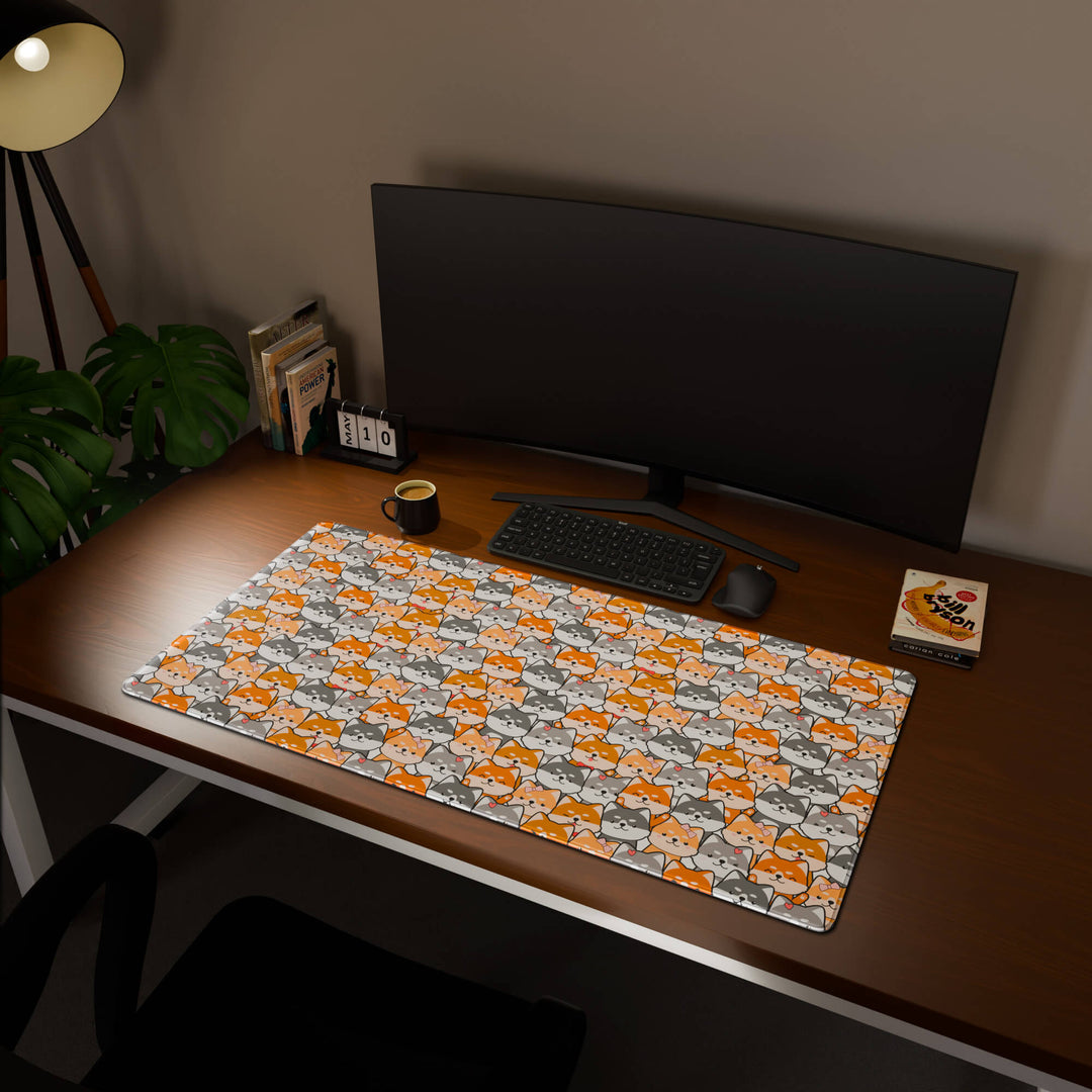 Full desktop view featuring an extra-large 120x60CM-47x23.6in large mouse pad / desk mat with 'Miniature Pups' design, inspired by a cute kawaii dog pattern. This maximum coverage mat transforms your entire desk surface into a unified, high-performance area, perfect for demanding users and full-desk setups.