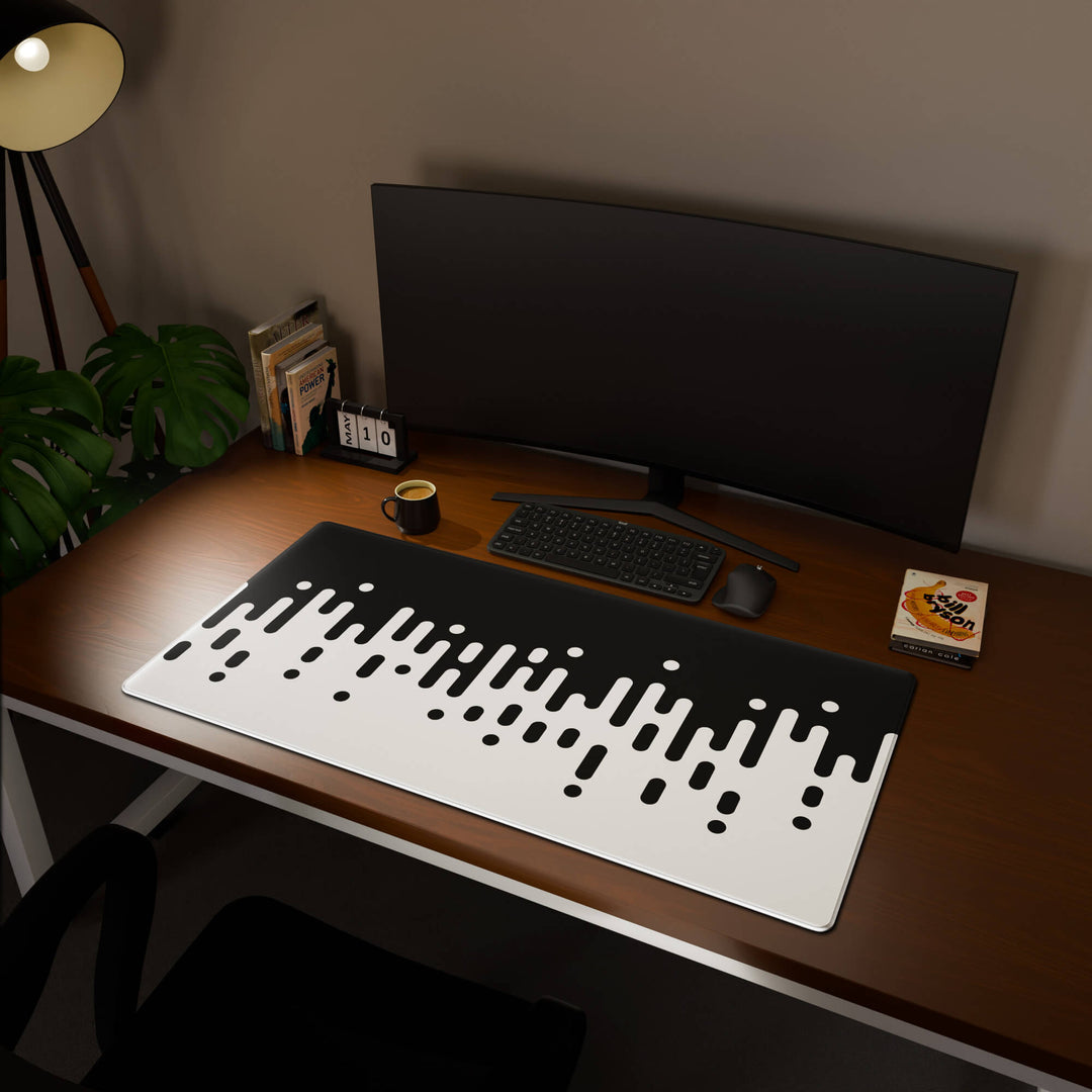 Full desktop view featuring an extra-large 120x60CM-47x23.6in large mouse pad / desk mat with 'Monochrome Drip' design, inspired by black and white minimalist art. This maximum coverage mat transforms your entire desk surface into a unified, high-performance area, perfect for demanding users and full-desk setups.