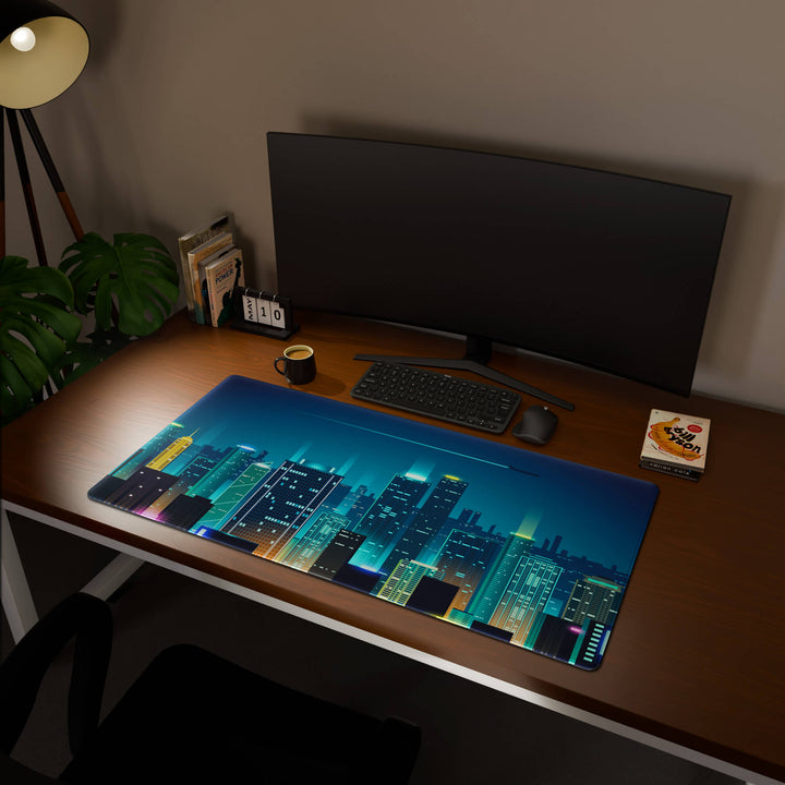 Full desktop view featuring an extra-large 120x60CM-47x23.6in large mouse pad / desk mat with 'Neon City' design, inspired by cyberpunk cityscape art. This maximum coverage mat transforms your entire desk surface into a unified, high-performance area, perfect for demanding users and full-desk setups.