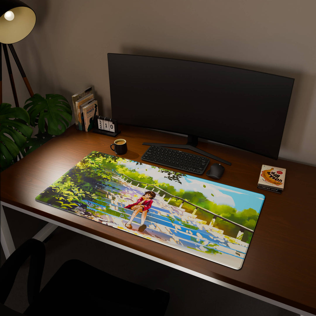 Full desktop view featuring an extra-large 120x60CM-47x23.6in large mouse pad / desk mat with 'Peaceful Lofi Girl' design, inspired by lofi and scenic anime art. This maximum coverage mat transforms your entire desk surface into a unified, high-performance area, perfect for demanding users and full-desk setups.