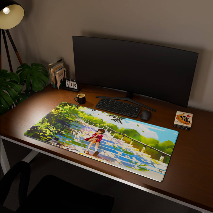 Full desktop view featuring an extra-large 120x60CM-47x23.6in large mouse pad / desk mat with 'Peaceful Lofi Girl' design, inspired by lofi and scenic anime art. This maximum coverage mat transforms your entire desk surface into a unified, high-performance area, perfect for demanding users and full-desk setups.