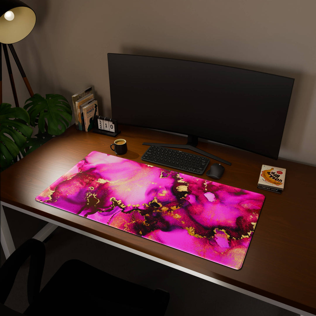 Full desktop view featuring an extra-large 120x60CM-47x23.6in large mouse pad / desk mat with 'Pink & Gold' design, inspired by pink and gold alcohol ink art. This maximum coverage mat transforms your entire desk surface into a unified, high-performance area, perfect for demanding users and full-desk setups.