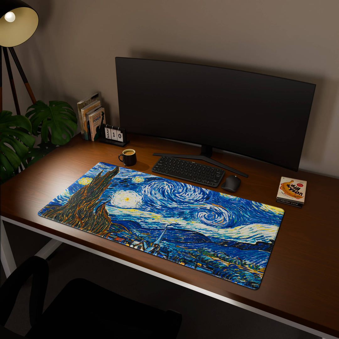 Full desktop view featuring an extra-large 120x60CM-47x23.6in large mouse pad / desk mat with 'The Starry Night' design, inspired by Van Gogh classic art. This maximum coverage mat transforms your entire desk surface into a unified, high-performance area, perfect for demanding users and full-desk setups.