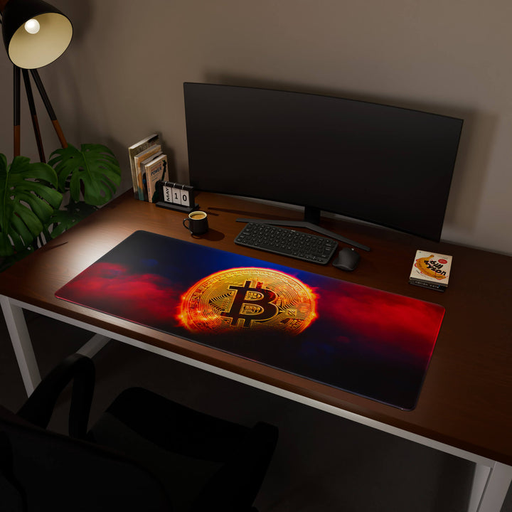 Full desktop view featuring an ultra-wide 140x57CM-55x22.4in large mouse pad / desk mat with 'Bitcoin' design, inspired by crypto and blockchain technology. Its enormous size offers unparalleled desk protection and space, designed for large-scale workstations and immersive gaming.