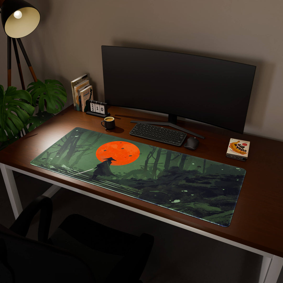 Full desktop view featuring an ultra-wide 140x57CM-55x22.4in large mouse pad / desk mat with 'Blood Moon Samurai' design, inspired by dark fantasy samurai art. Its enormous size offers unparalleled desk protection and space, designed for large-scale workstations and immersive gaming.