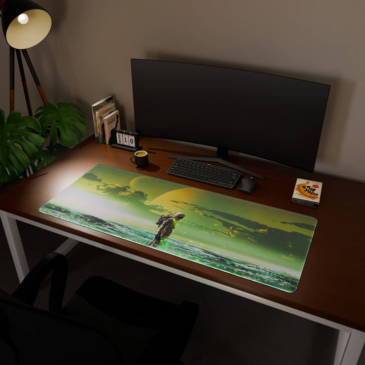 Full desktop view featuring an ultra-wide 140x57CM-55x22.4in large mouse pad / desk mat with 'Cosmic Explorer' design, inspired by cyberpunk and sci-fi space art. Its enormous size offers unparalleled desk protection and space, designed for large-scale workstations and immersive gaming.