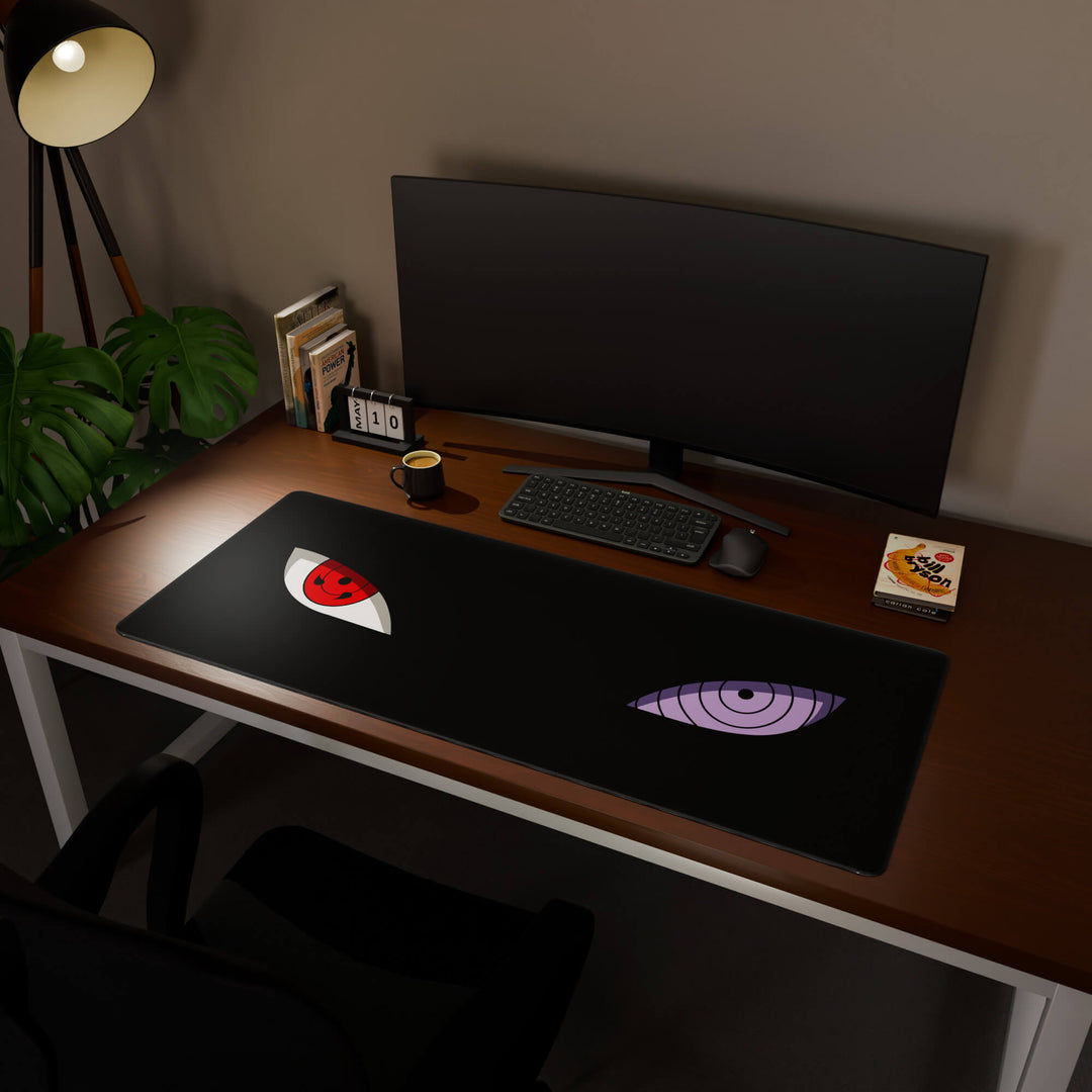 Full desktop view featuring an ultra-wide 140x57CM-55x22.4in large mouse pad / desk mat with 'Dōjutsu' design, inspired by minimalist anime ninja eyes. Its enormous size offers unparalleled desk protection and space, designed for large-scale workstations and immersive gaming.