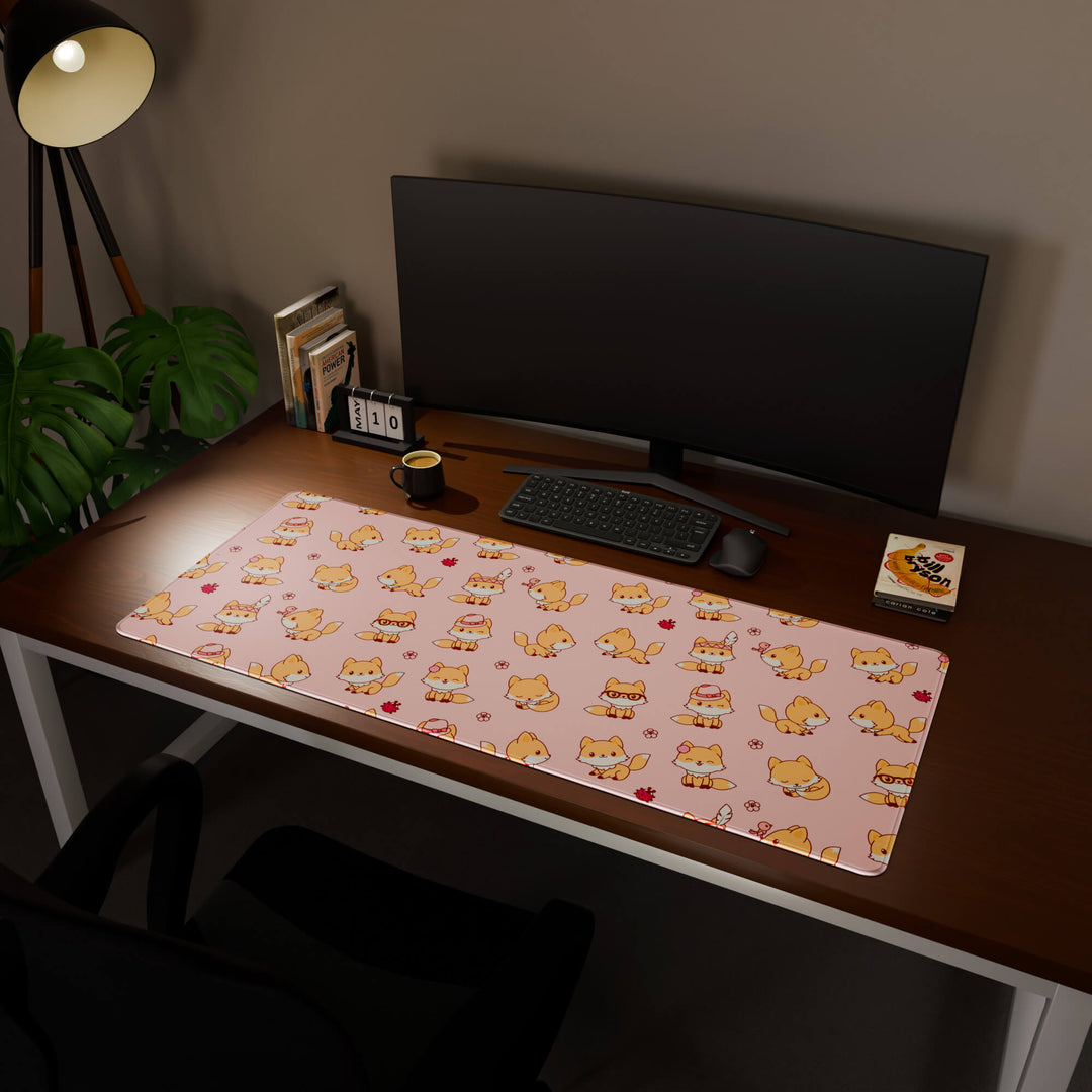Full desktop view featuring an ultra-wide 140x57CM-55x22.4in large mouse pad / desk mat with 'Kawaii Fox' design, inspired by cute kawaii pink animal art. Its enormous size offers unparalleled desk protection and space, designed for large-scale workstations and immersive gaming.