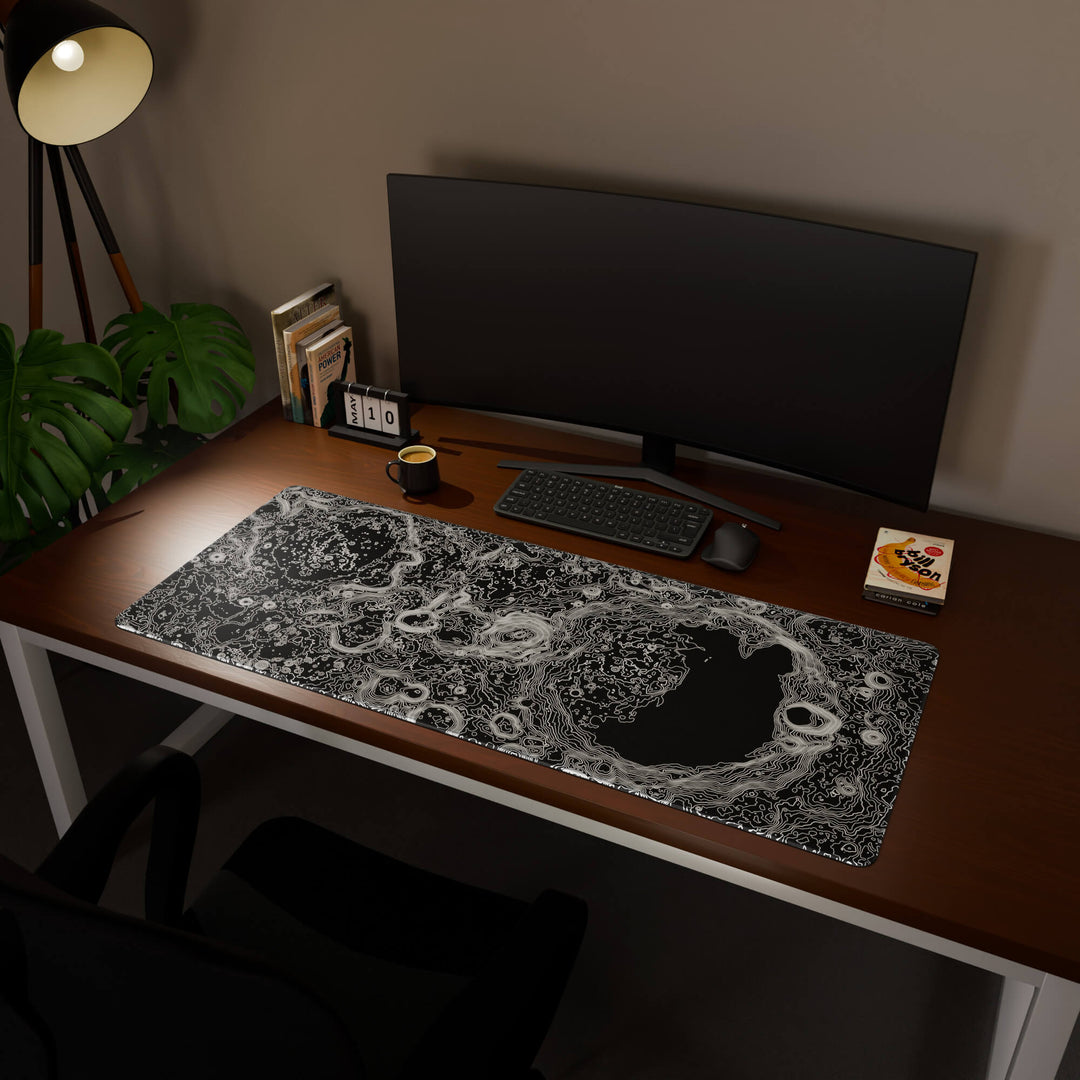 Full desktop view featuring an ultra-wide 140x57CM-55x22.4in large mouse pad / desk mat with 'Lunar Topographic' design, inspired by minimalist lunar surface art. Its enormous size offers unparalleled desk protection and space, designed for large-scale workstations and immersive gaming.