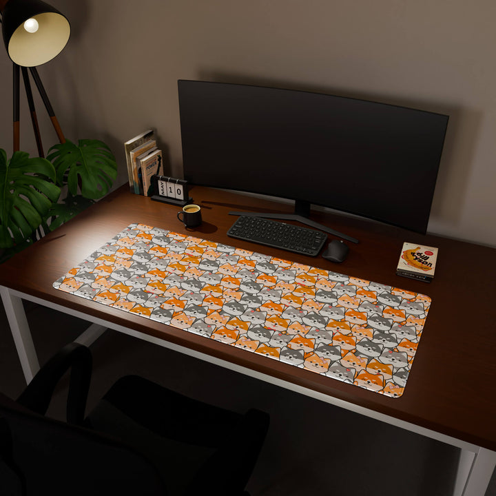 Full desktop view featuring an ultra-wide 140x57CM-55x22.4in large mouse pad / desk mat with 'Miniature Pups' design, inspired by a cute kawaii dog pattern. Its enormous size offers unparalleled desk protection and space, designed for large-scale workstations and immersive gaming.