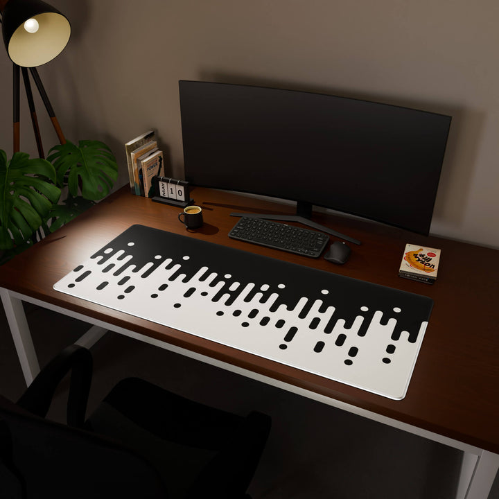 Full desktop view featuring an ultra-wide 140x57CM-55x22.4in large mouse pad / desk mat with 'Monochrome Drip' design, inspired by black and white minimalist art. Its enormous size offers unparalleled desk protection and space, designed for large-scale workstations and immersive gaming.