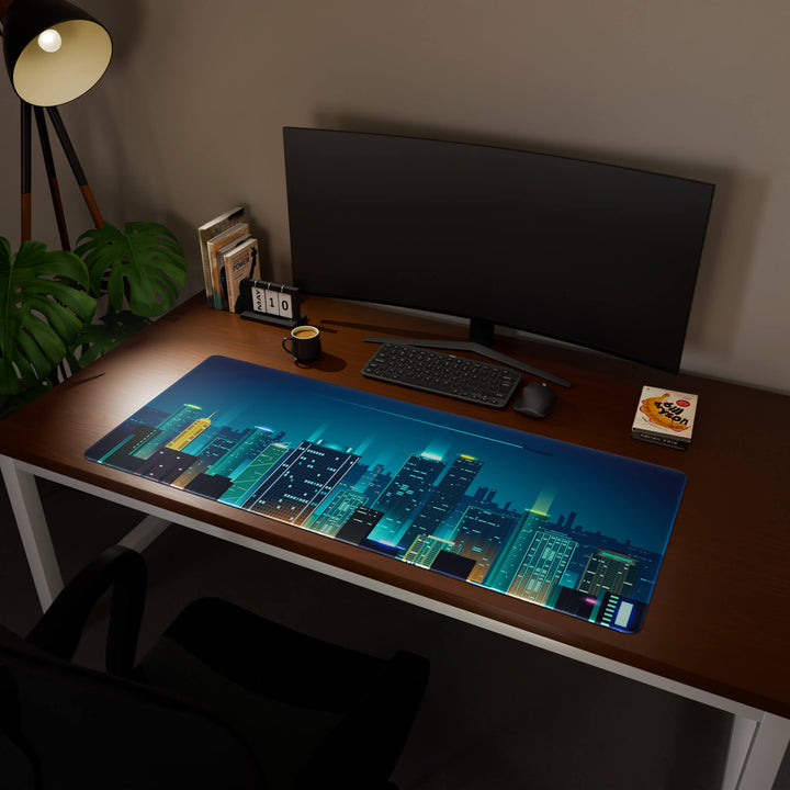 Full desktop view featuring an ultra-wide 140x57CM-55x22.4in large mouse pad / desk mat with 'Neon City' design, inspired by cyberpunk cityscape art. Its enormous size offers unparalleled desk protection and space, designed for large-scale workstations and immersive gaming.