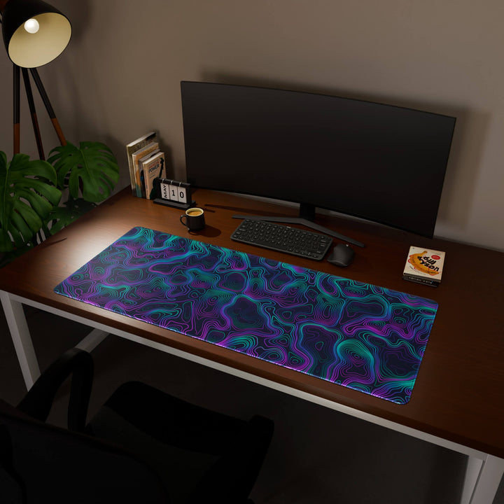 Full desktop view featuring an ultra-wide 140x57CM-55x22.4in large mouse pad / desk mat with 'Neon Topographic' design, inspired by vibrant neon topographic art. Its enormous size offers unparalleled desk protection and space, designed for large-scale workstations and immersive gaming.