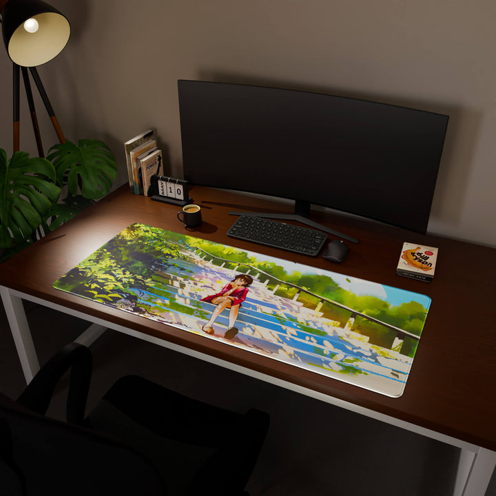 Full desktop view featuring an ultra-wide 140x57CM-55x22.4in large mouse pad / desk mat with 'Peaceful Lofi Girl' design, inspired by lofi and scenic anime art. Its enormous size offers unparalleled desk protection and space, designed for large-scale workstations and immersive gaming.