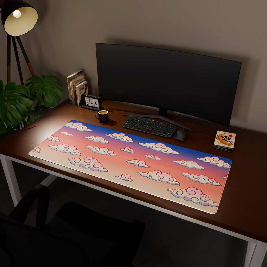 Full desktop view featuring an ultra-wide 140x57CM-55x22.4in large mouse pad / desk mat with 'Sunset Clouds' design, inspired by Naruto and vibrant Japanese anime art. Its enormous size offers unparalleled desk protection and space, designed for large-scale workstations and immersive gaming.
