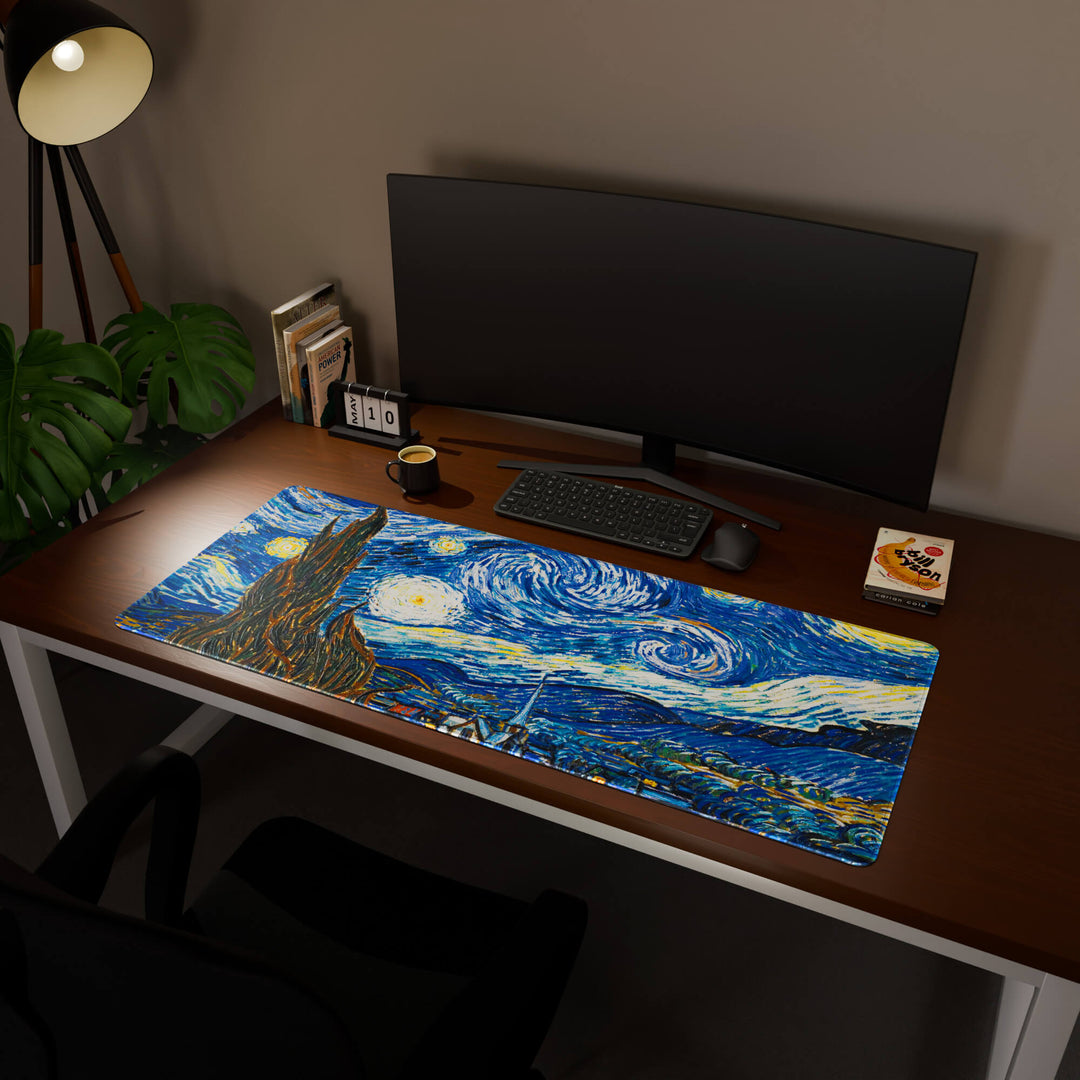 Full desktop view featuring an ultra-wide 140x57CM-55x22.4in large mouse pad / desk mat with 'The Starry Night' design, inspired by Van Gogh classic art. Its enormous size offers unparalleled desk protection and space, designed for large-scale workstations and immersive gaming.