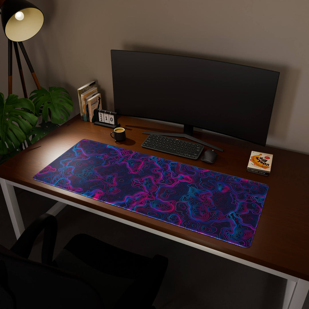 Full desktop view featuring an ultra-wide 140x57CM-55x22.4in large mouse pad / desk mat with 'Vaporwave Topographic' design, inspired by vibrant vaporwave and neon topographic art. Its enormous size offers unparalleled desk protection and space, designed for large-scale workstations and immersive gaming.