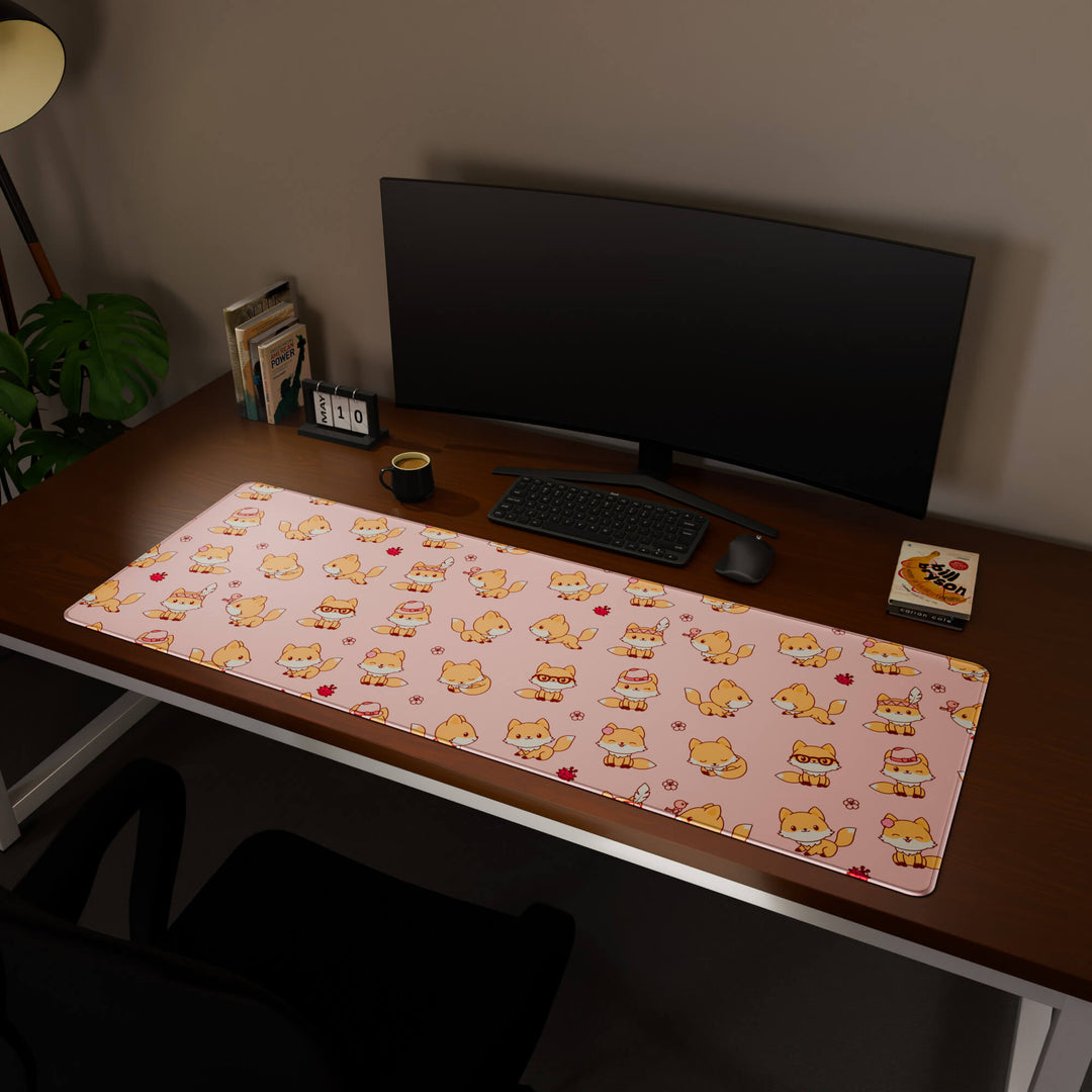 Full desktop view featuring a massive 160x57CM-63x22.4in large mouse pad / desk mat with 'Kawaii Fox' design, inspired by cute kawaii pink animal art. This premium, full-desk mat provides the ultimate coverage for an entire workstation, protecting the surface and unifying the space.