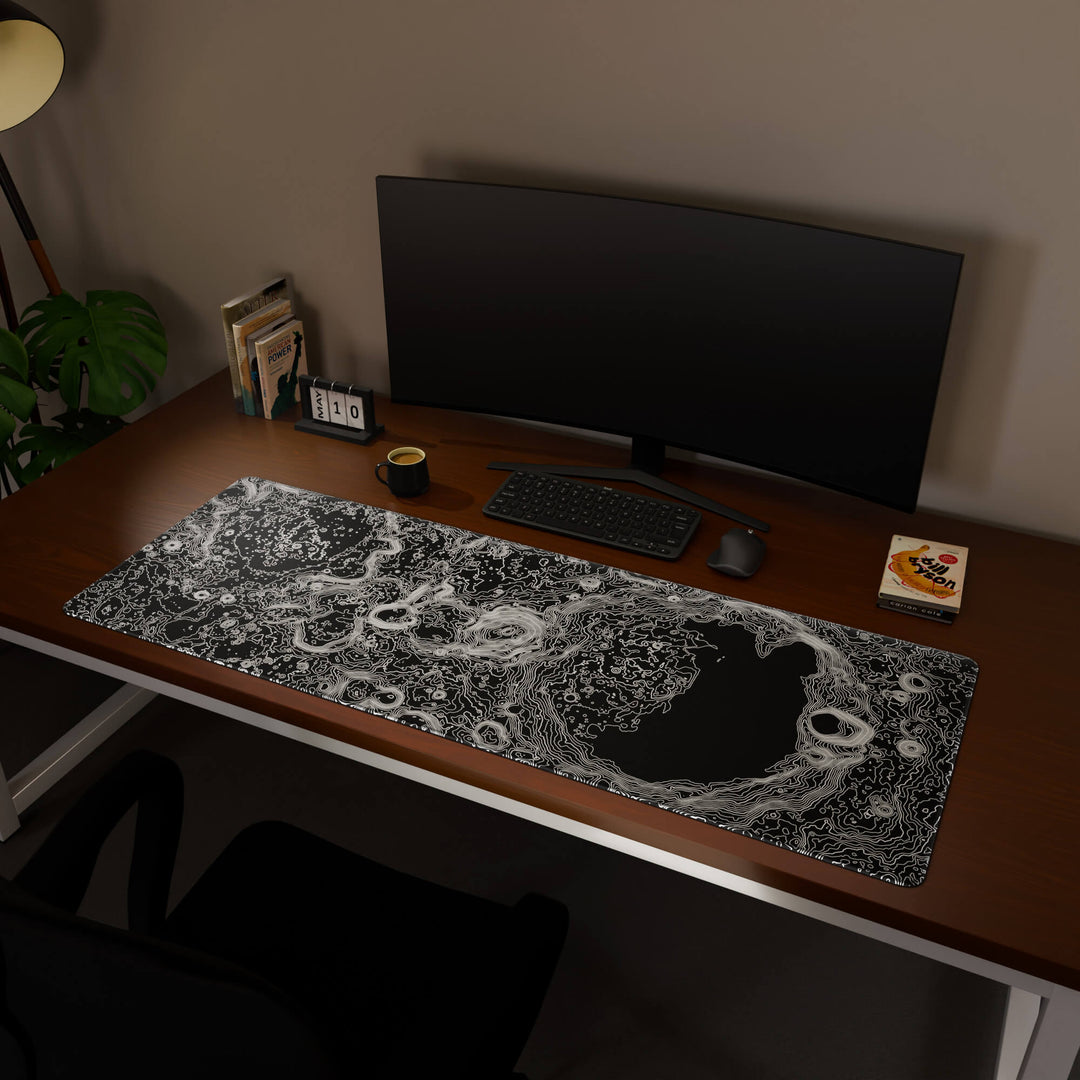 Full desktop view featuring a massive 160x57CM-63x22.4in large mouse pad / desk mat with 'Lunar Topographic' design, inspired by minimalist lunar surface art. This premium, full-desk mat provides the ultimate coverage for an entire workstation, protecting the surface and unifying the space.