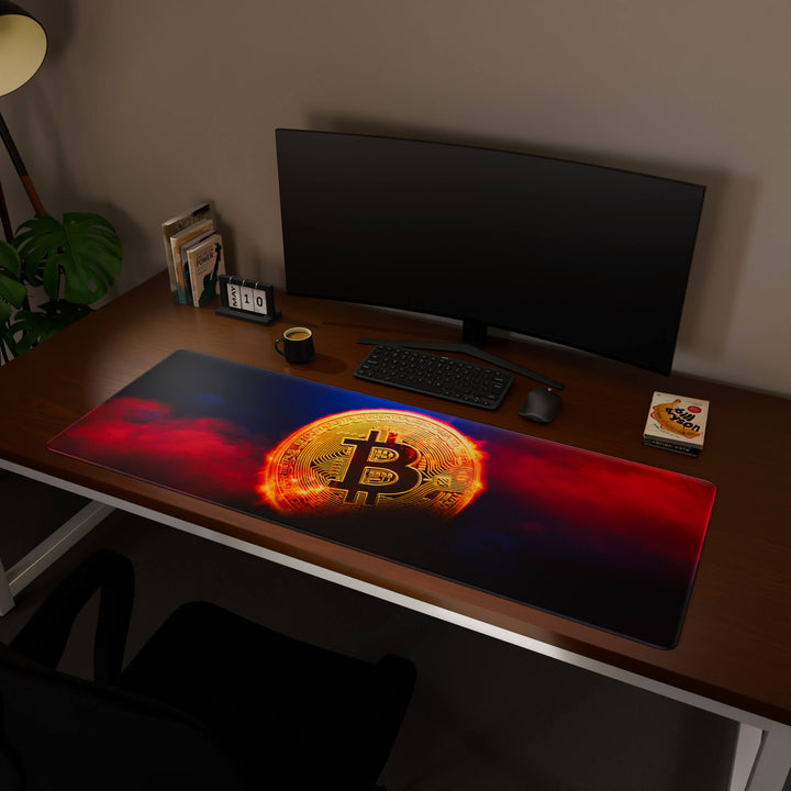 Full desktop view featuring a massive 160x57CM-63x22.4in large mouse pad / desk mat with 'Bitcoin' design, inspired by crypto and blockchain technology. This premium, full-desk mat provides the ultimate coverage for an entire workstation, protecting the surface and unifying the space.