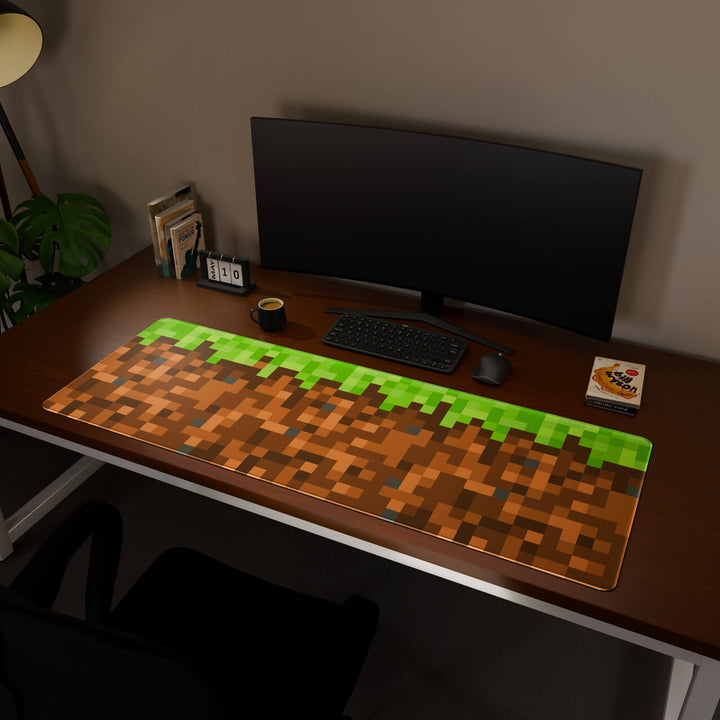 Full desktop view featuring a massive 160x57CM-63x22.4in large mouse pad / desk mat with 'Blocks' design. This premium, full-desk mat provides the ultimate coverage for an entire workstation, protecting the surface and unifying the space.