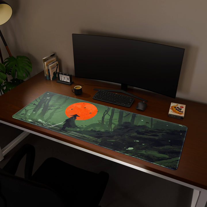 Full desktop view featuring a massive 160x57CM-63x22.4in large mouse pad / desk mat with 'Blood Moon Samurai' design, inspired by dark fantasy samurai art. This premium, full-desk mat provides the ultimate coverage for an entire workstation, protecting the surface and unifying the space.