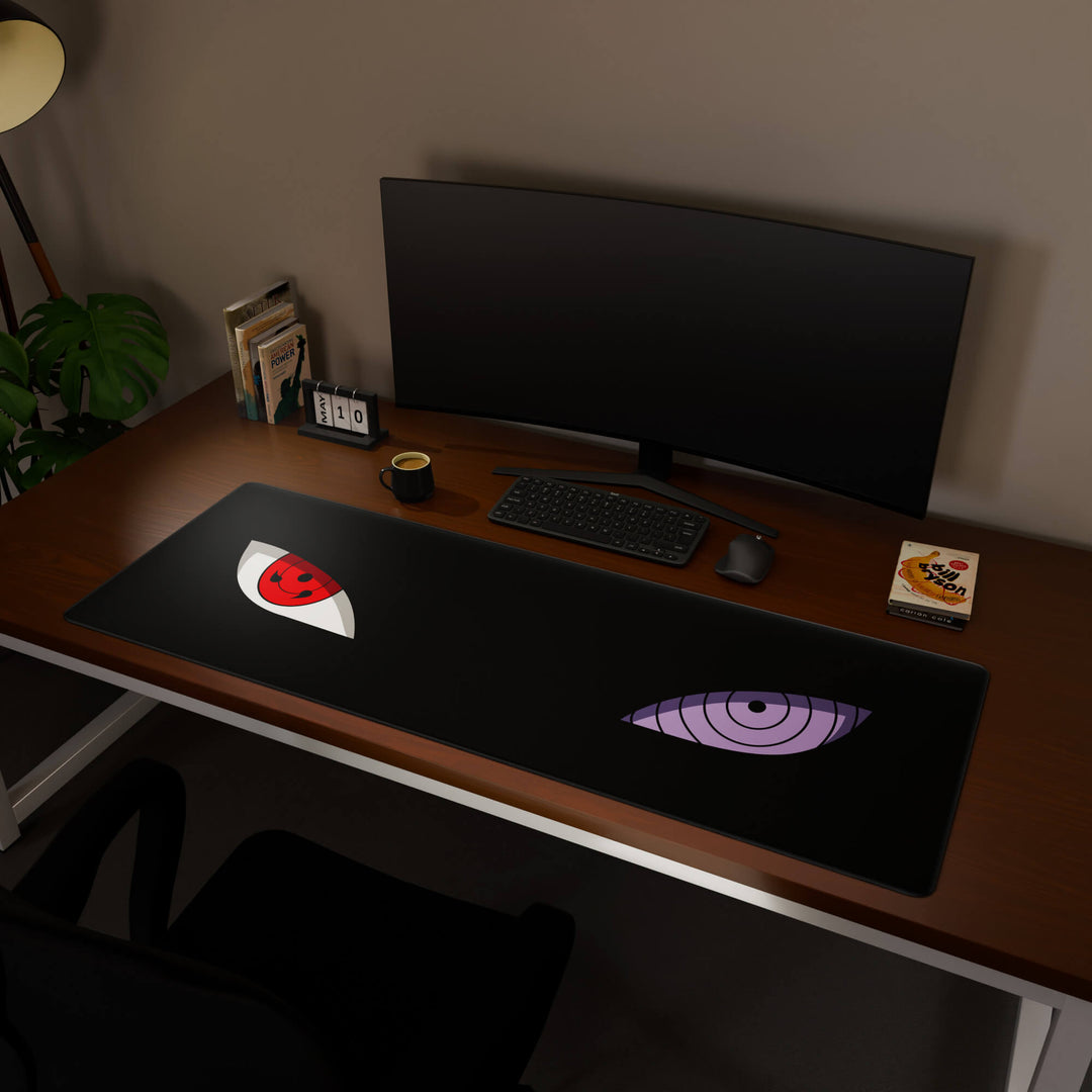 Full desktop view featuring a massive 160x57CM-63x22.4in large mouse pad / desk mat with 'Dōjutsu' design, inspired by minimalist anime ninja eyes. This premium, full-desk mat provides the ultimate coverage for an entire workstation, protecting the surface and unifying the space.
