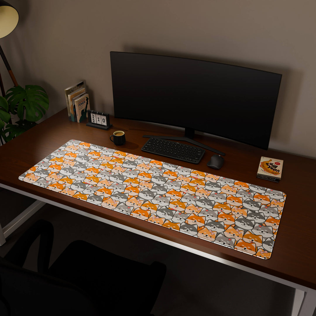 Full desktop view featuring a massive 160x57CM-63x22.4in large mouse pad / desk mat with 'Miniature Pups' design, inspired by a cute kawaii dog pattern. This premium, full-desk mat provides the ultimate coverage for an entire workstation, protecting the surface and unifying the space.