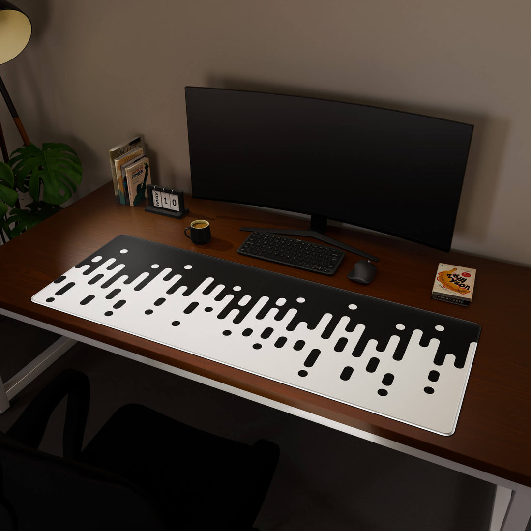 Full desktop view featuring a massive 160x57CM-63x22.4in large mouse pad / desk mat with 'Monochrome Drip' design, inspired by black and white minimalist art. This premium, full-desk mat provides the ultimate coverage for an entire workstation, protecting the surface and unifying the space.