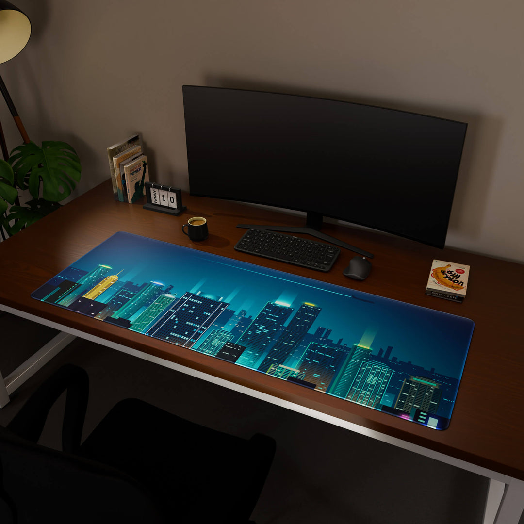 Full desktop view featuring a massive 160x57CM-63x22.4in large mouse pad / desk mat with 'Neon City' design, inspired by cyberpunk cityscape art. This premium, full-desk mat provides the ultimate coverage for an entire workstation, protecting the surface and unifying the space.