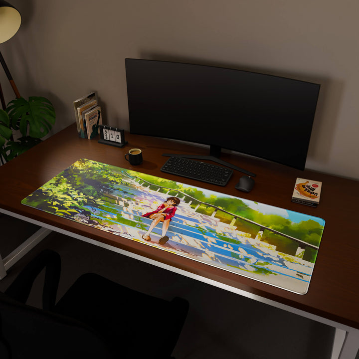 Full desktop view featuring a massive 160x57CM-63x22.4in large mouse pad / desk mat with 'Peaceful Lofi Girl' design, inspired by lofi and scenic anime art. This premium, full-desk mat provides the ultimate coverage for an entire workstation, protecting the surface and unifying the space.