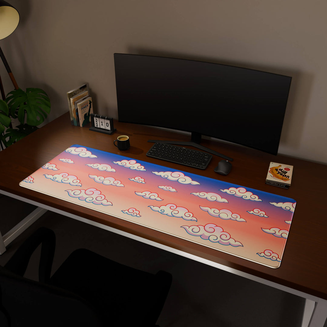 Full desktop view featuring a massive 160x57CM-63x22.4in large mouse pad / desk mat with 'Sunset Clouds' design, inspired by Naruto and vibrant Japanese anime art. This premium, full-desk mat provides the ultimate coverage for an entire workstation, protecting the surface and unifying the space.