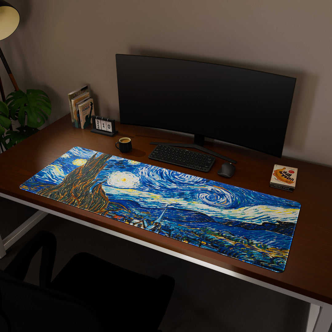 Full desktop view featuring a massive 160x57CM-63x22.4in large mouse pad / desk mat with 'The Starry Night' design, inspired by Van Gogh classic art. This premium, full-desk mat provides the ultimate coverage for an entire workstation, protecting the surface and unifying the space.