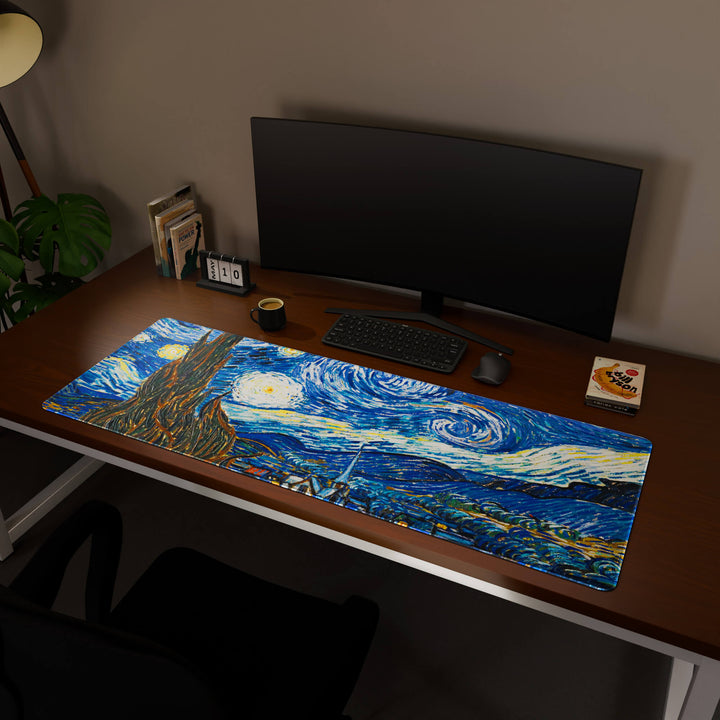 Full desktop view featuring a massive 160x57CM-63x22.4in large mouse pad / desk mat with 'The Starry Night' design, inspired by Van Gogh classic art. This premium, full-desk mat provides the ultimate coverage for an entire workstation, protecting the surface and unifying the space.
