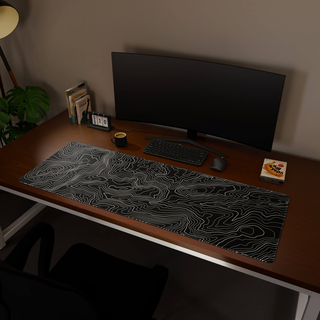 Full desktop view featuring a massive 160x57CM-63x22.4in large mouse pad / desk mat with 'Classic Topographic' design, inspired by minimalist topographic line art. This premium, full-desk mat provides the ultimate coverage for an entire workstation, protecting the surface and unifying the space.