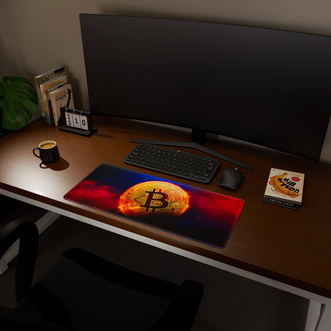 Full desktop view featuring a versatile 70x30CM-27.5x11.8in large mouse pad / desk mat with 'Bitcoin' design, inspired by crypto and blockchain technology. Its balanced dimensions offer sufficient room for efficient navigation, making it a perfect and stylish upgrade for any standard desk.