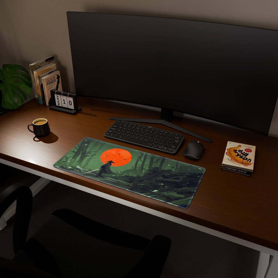 Full desktop view featuring a versatile 70x30CM-27.5x11.8in large mouse pad / desk mat with 'Blood Moon Samurai' design, inspired by dark fantasy samurai art. Its balanced dimensions offer sufficient room for efficient navigation, making it a perfect and stylish upgrade for any standard desk.