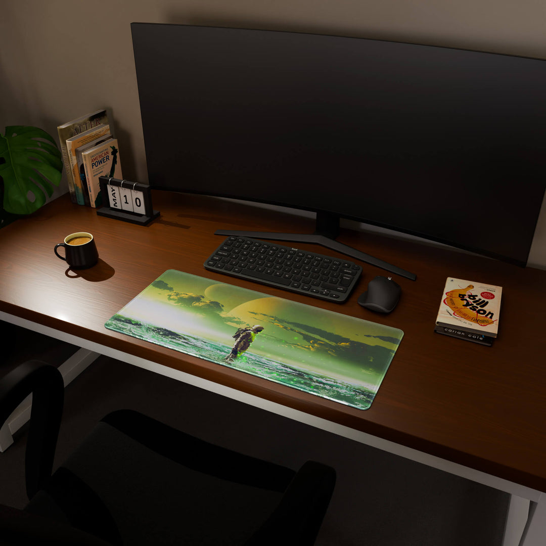 Full desktop view featuring a versatile 70x30CM-27.5x11.8in large mouse pad / desk mat with 'Cosmic Explorer' design, inspired by cyberpunk and sci-fi space art. Its balanced dimensions offer sufficient room for efficient navigation, making it a perfect and stylish upgrade for any standard desk.