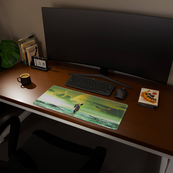 Full desktop view featuring a versatile 70x30CM-27.5x11.8in large mouse pad / desk mat with 'Cosmic Explorer' design, inspired by cyberpunk and sci-fi space art. Its balanced dimensions offer sufficient room for efficient navigation, making it a perfect and stylish upgrade for any standard desk.