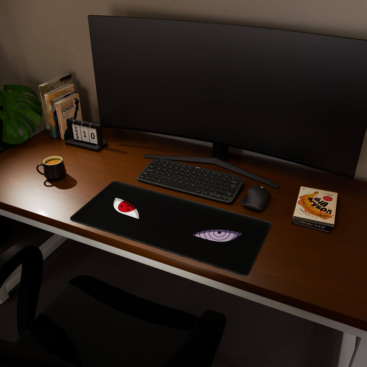 Full desktop view featuring a versatile 70x30CM-27.5x11.8in large mouse pad / desk mat with 'Dōjutsu' design, inspired by minimalist anime ninja eyes. Its balanced dimensions offer sufficient room for efficient navigation, making it a perfect and stylish upgrade for any standard desk.