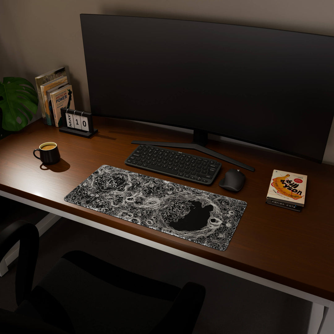 Full desktop view featuring a versatile 70x30CM-27.5x11.8in large mouse pad / desk mat with 'Lunar Topographic' design, inspired by minimalist lunar surface art. Its balanced dimensions offer sufficient room for efficient navigation, making it a perfect and stylish upgrade for any standard desk.