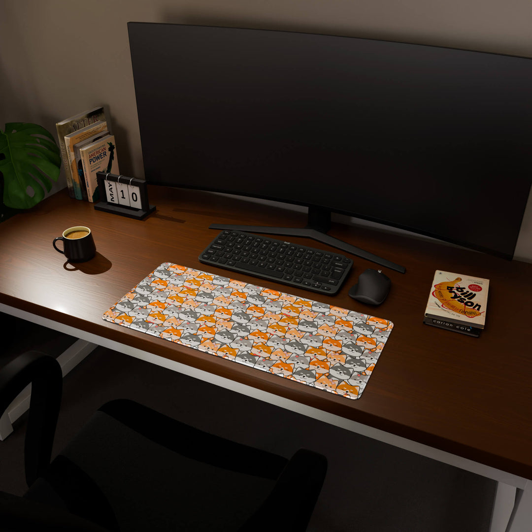 Full desktop view featuring a versatile 70x30CM-27.5x11.8in large mouse pad / desk mat with 'Miniature Pups' design, inspired by a cute kawaii dog pattern. Its balanced dimensions offer sufficient room for efficient navigation, making it a perfect and stylish upgrade for any standard desk.